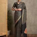 Saki Collection :  Black Ajrakh Printed Satin Crepe Saree