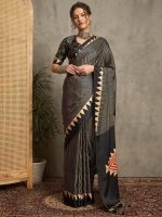 Saki Collection :  Black Ajrakh Printed Satin Crepe Saree