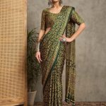 Saki Collection : Olive Green Ajrakh Printed Satin Crepe Saree
