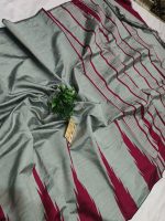 Gauri collection:  Greyish Silver & Mahroon Handcrafted Raw Silk Saree with Temple Border