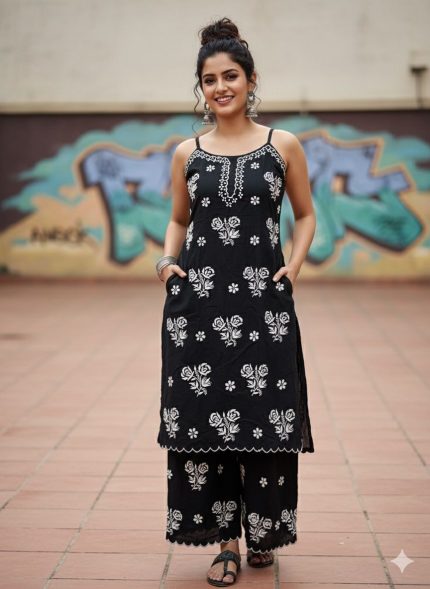 Narangi Chikankari Collection : Black Noddles top & Plazzo set